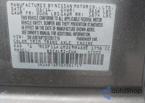 2016 Nissan Sentra Fe+ S/S/Sl/Sr/Sv z USA, uszkodzony, nr VIN 3N1AB7AP7GY281719